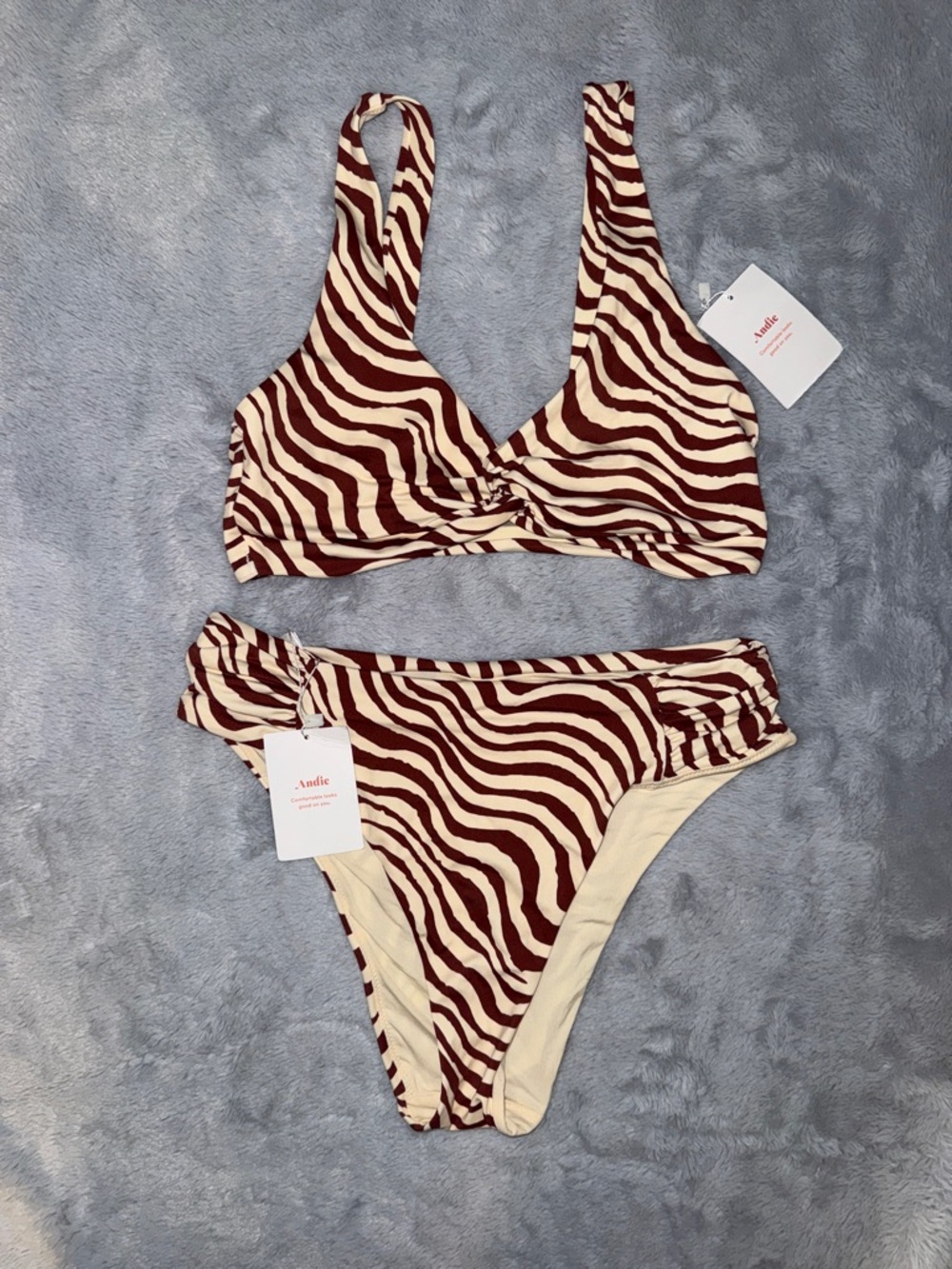 Andie Cream & Burgundy Zebra Twist Bikini Set